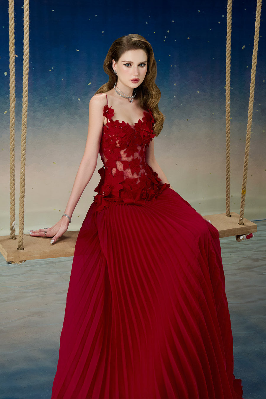 Quasar Pleated Spaghetti Strap Mesh Lace Floor Length Dress Gown Dress Calista de Minh Thanh