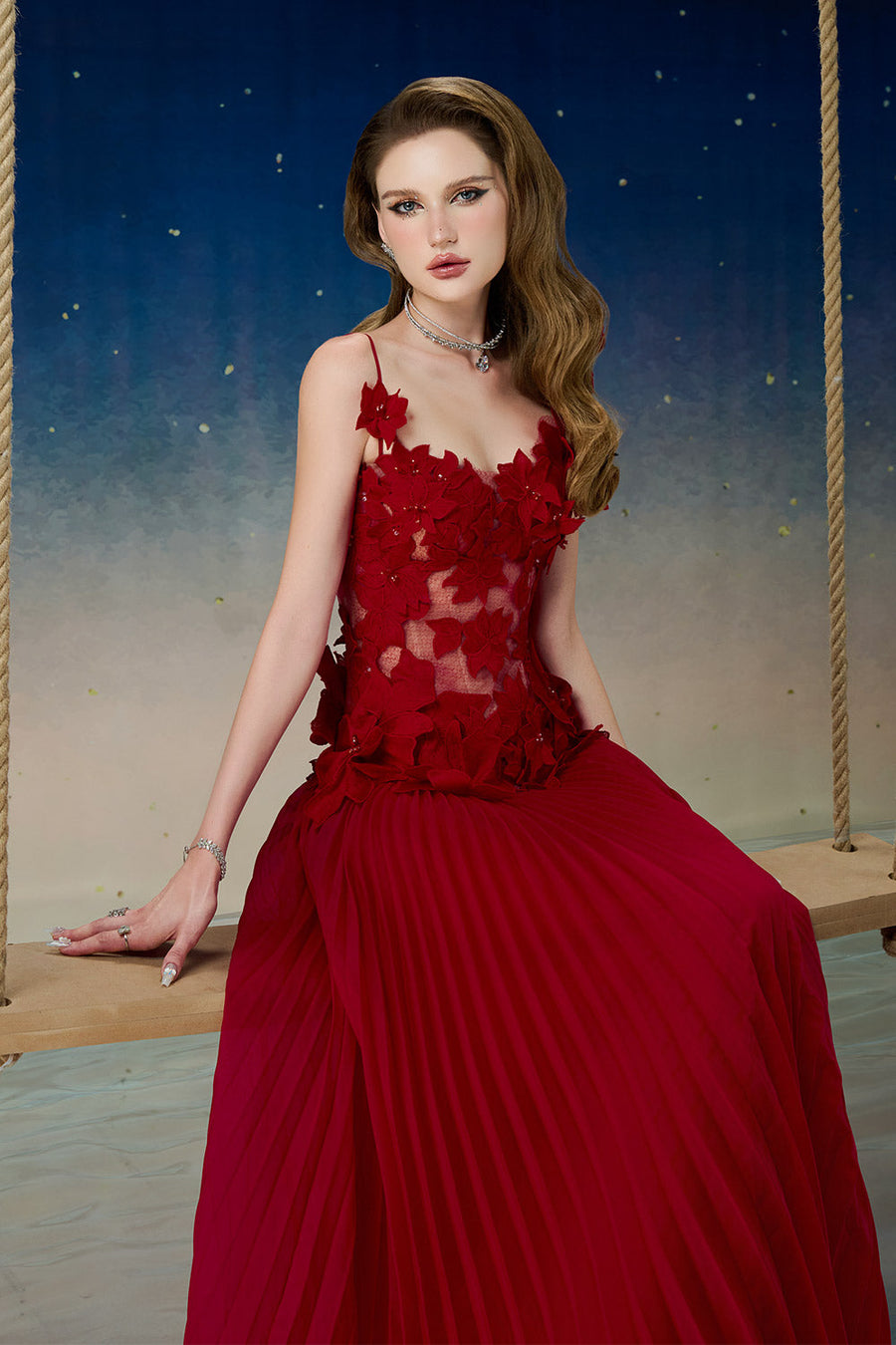 Quasar Pleated Spaghetti Strap Mesh Lace Floor Length Dress Gown Dress Calista de Minh Thanh