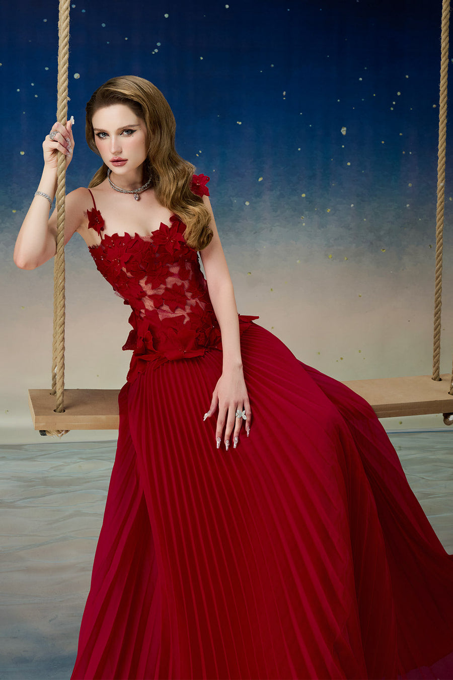 Quasar Pleated Spaghetti Strap Mesh Lace Floor Length Dress Gown Dress Calista de Minh Thanh