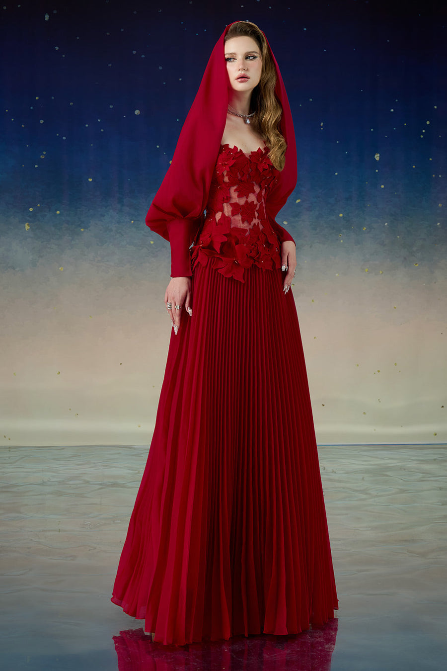 Quasar Pleated Spaghetti Strap Mesh Lace Floor Length Dress Gown Dress Calista de Minh Thanh
