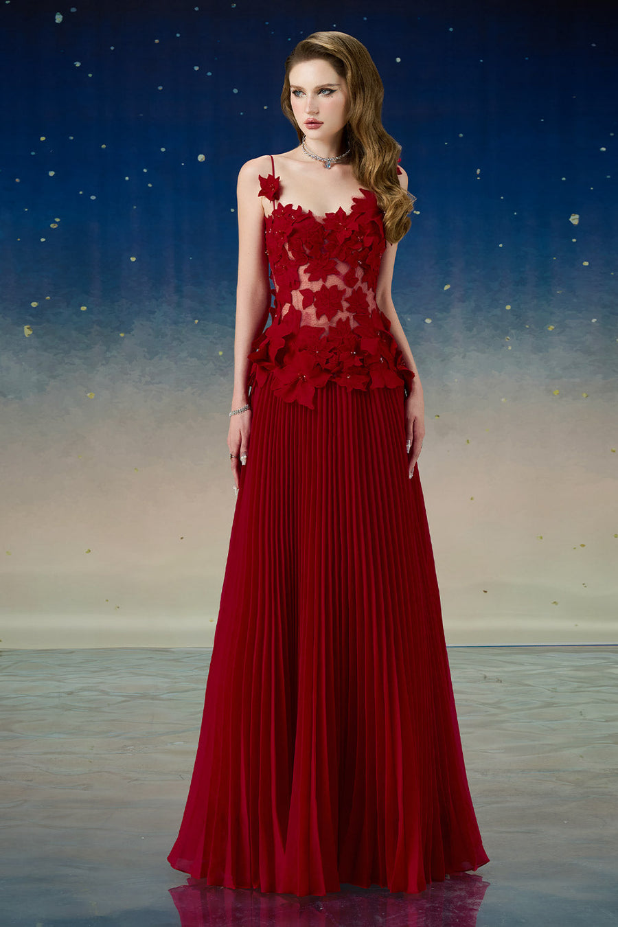 Quasar Pleated Spaghetti Strap Mesh Lace Floor Length Dress Gown Dress Calista de Minh Thanh