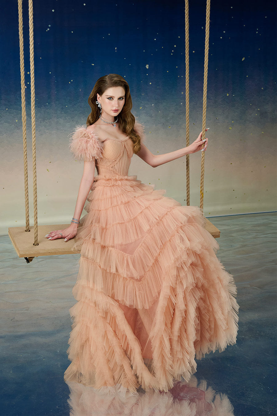 Lyrae Tiered Gathered Mesh Floor Length Dress Gown Dress Calista de Minh Thanh