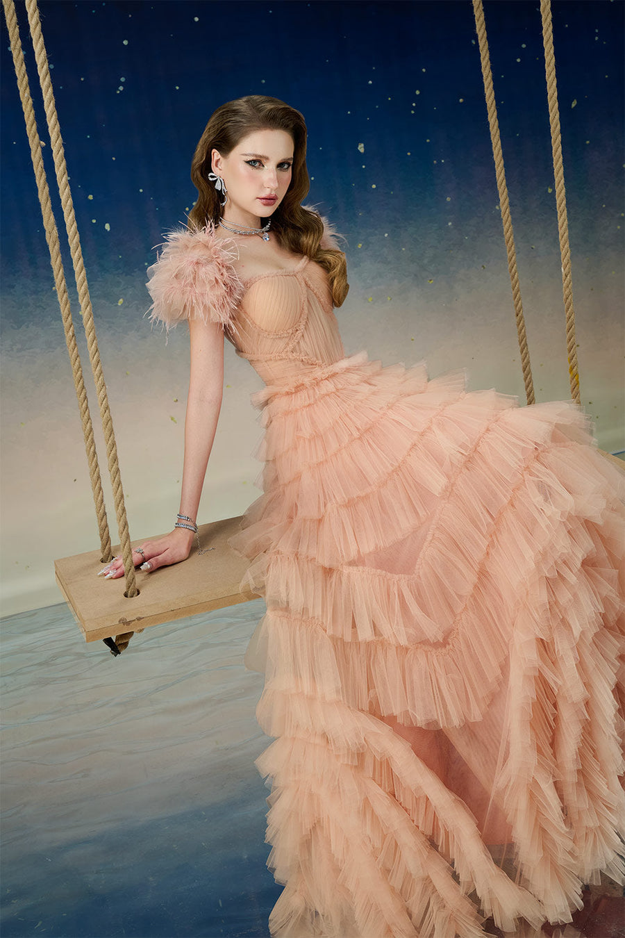 Lyrae Tiered Gathered Mesh Floor Length Dress Gown Dress Calista de Minh Thanh