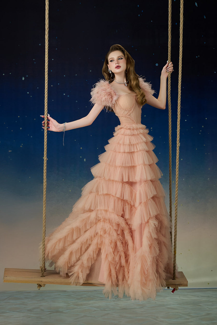 Lyrae Tiered Gathered Mesh Floor Length Dress Gown Dress Calista de Minh Thanh