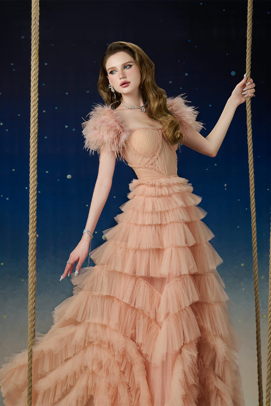 Lyrae Tiered Gathered Mesh Floor Length Dress Gown Dress Calista de Minh Thanh