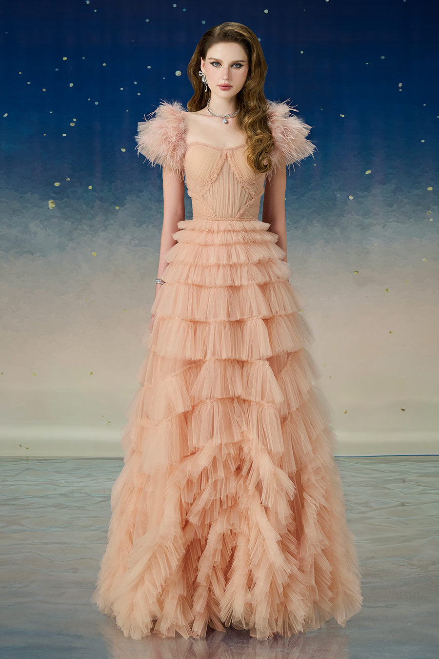 Lyrae Tiered Gathered Mesh Floor Length Dress Gown Dress Calista de Minh Thanh