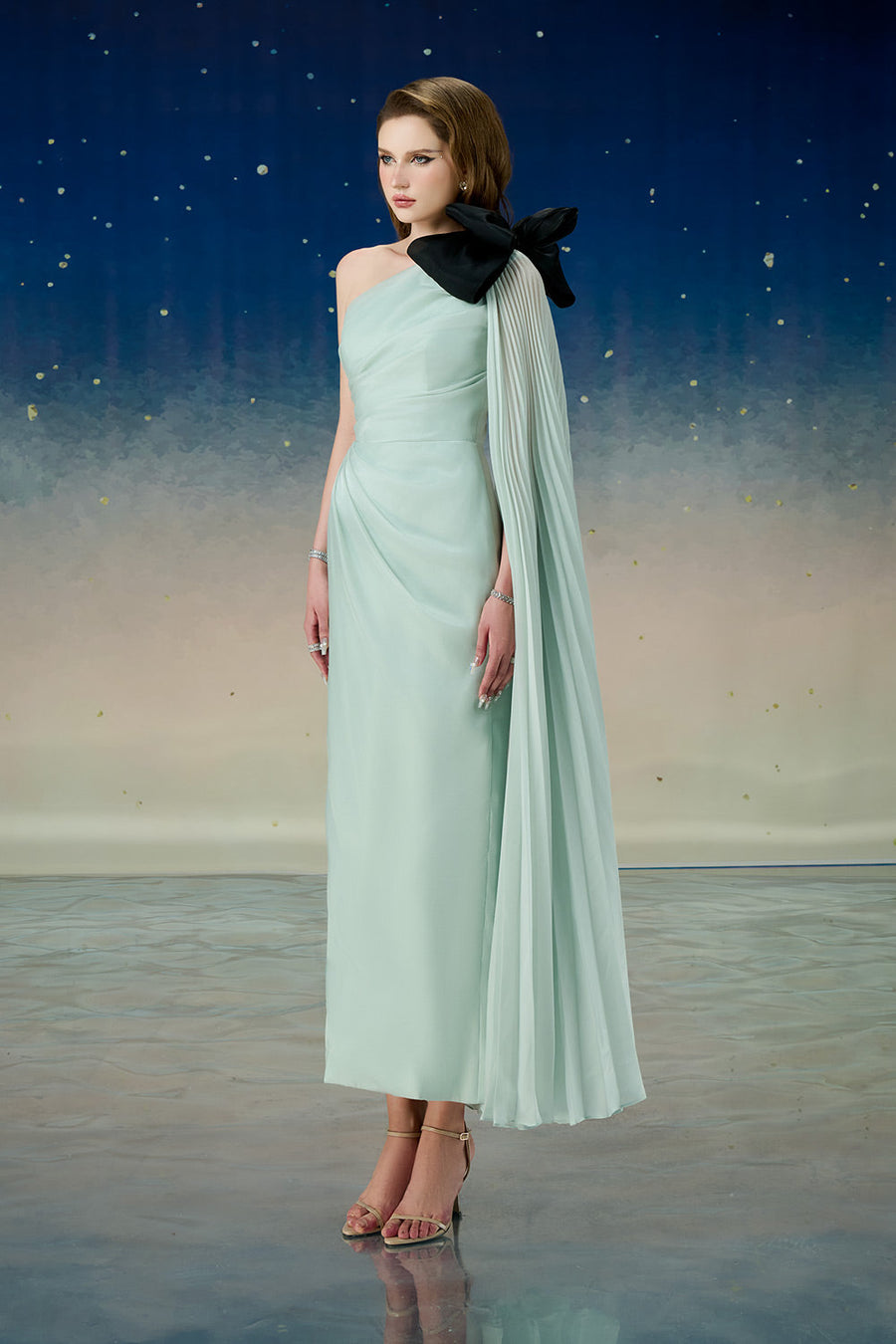 Zorya Sheath Asymmetric Sleeved Silk Midi Dress Midi Dress Calista de Minh Thanh