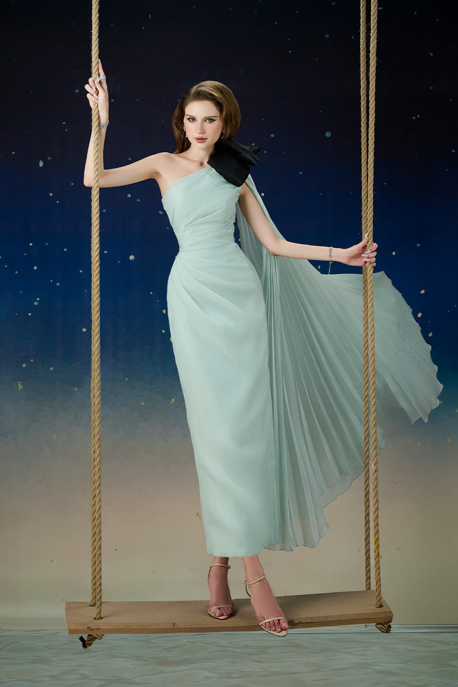 Zorya Sheath Asymmetric Sleeved Silk Midi Dress Midi Dress Calista de Minh Thanh