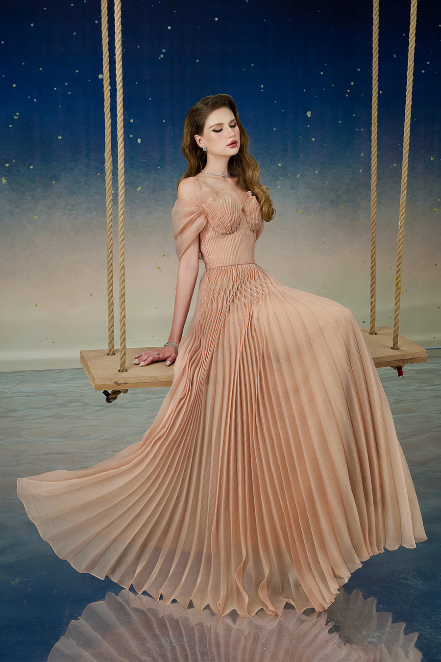 Lustre Fit and Flare Pleated Organza Floor Length Dress Gown Dress Calista de Minh Thanh