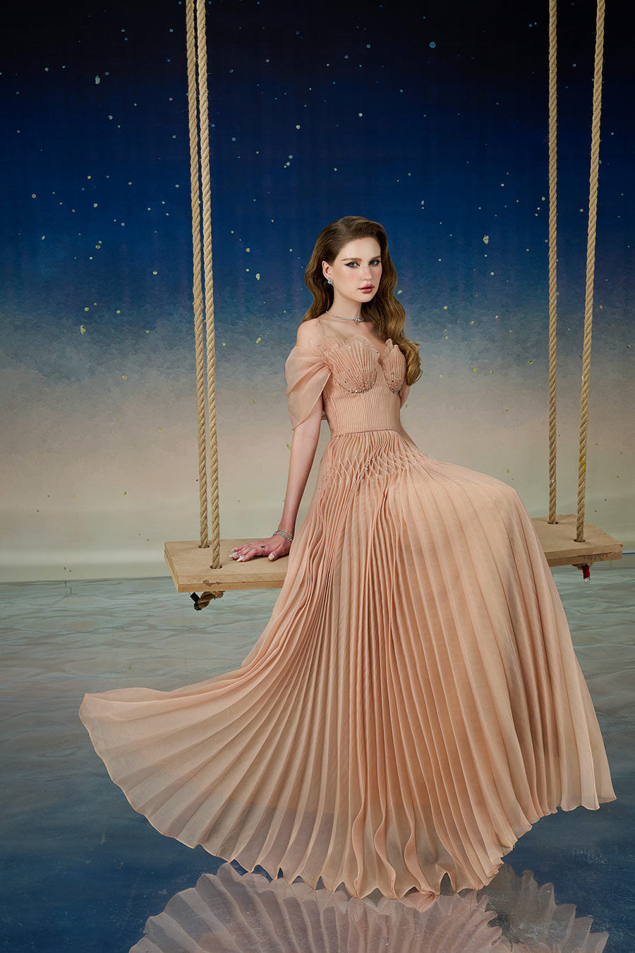 Lustre Fit and Flare Pleated Organza Floor Length Dress Gown Dress Calista de Minh Thanh