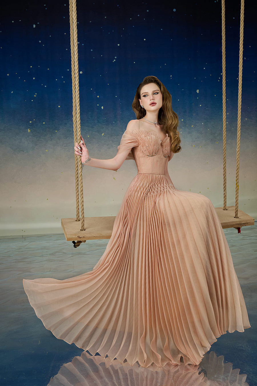 Lustre Fit and Flare Pleated Organza Floor Length Dress Gown Dress Calista de Minh Thanh