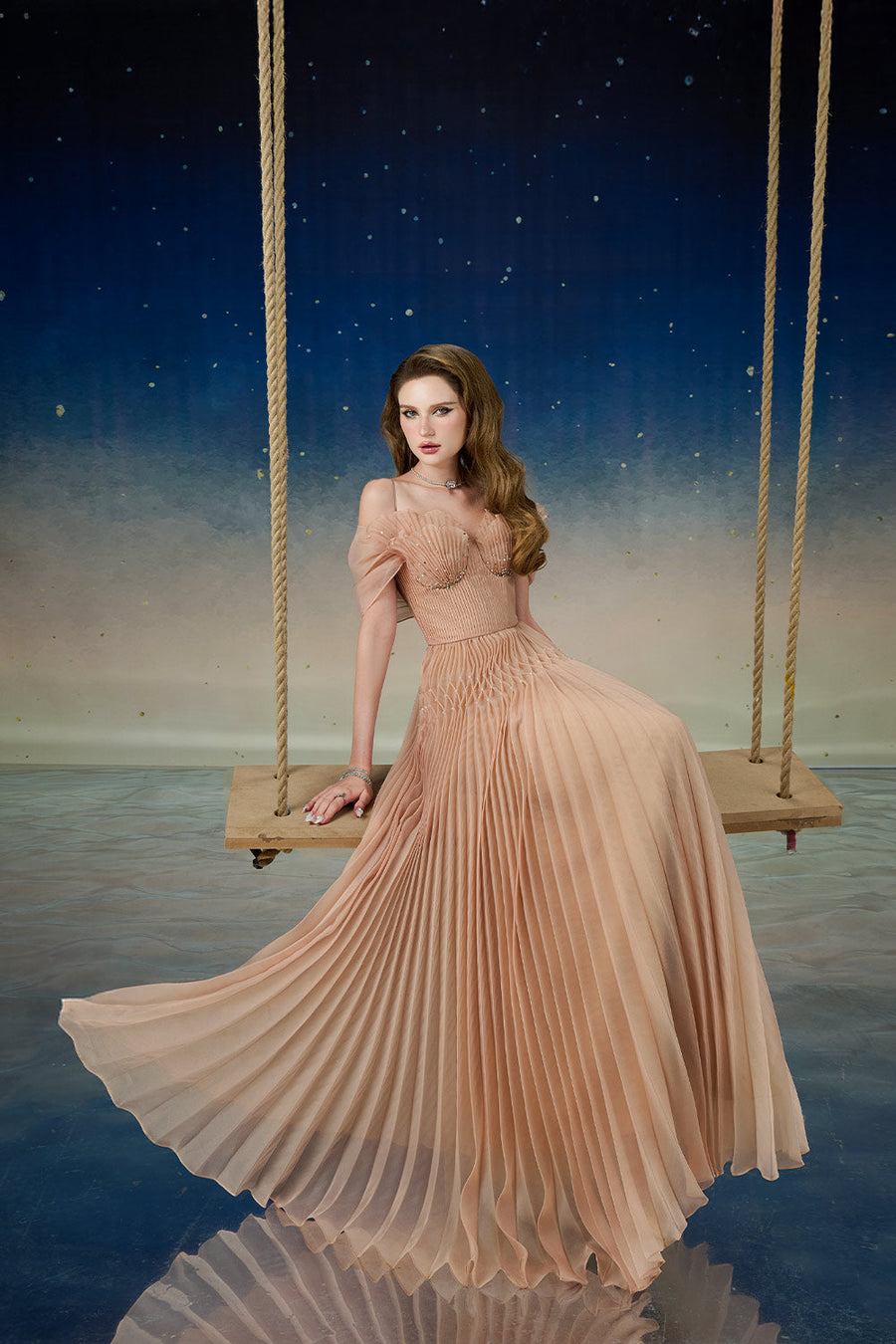 Lustre Fit and Flare Pleated Organza Floor Length Dress Gown Dress Calista de Minh Thanh