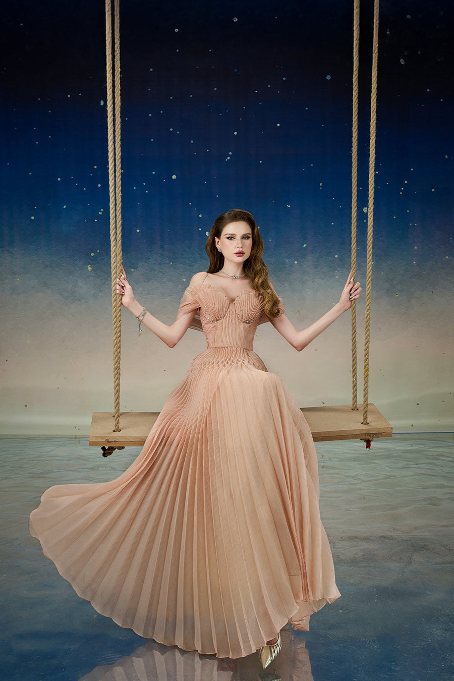 Lustre Fit and Flare Pleated Organza Floor Length Dress Gown Dress Calista de Minh Thanh