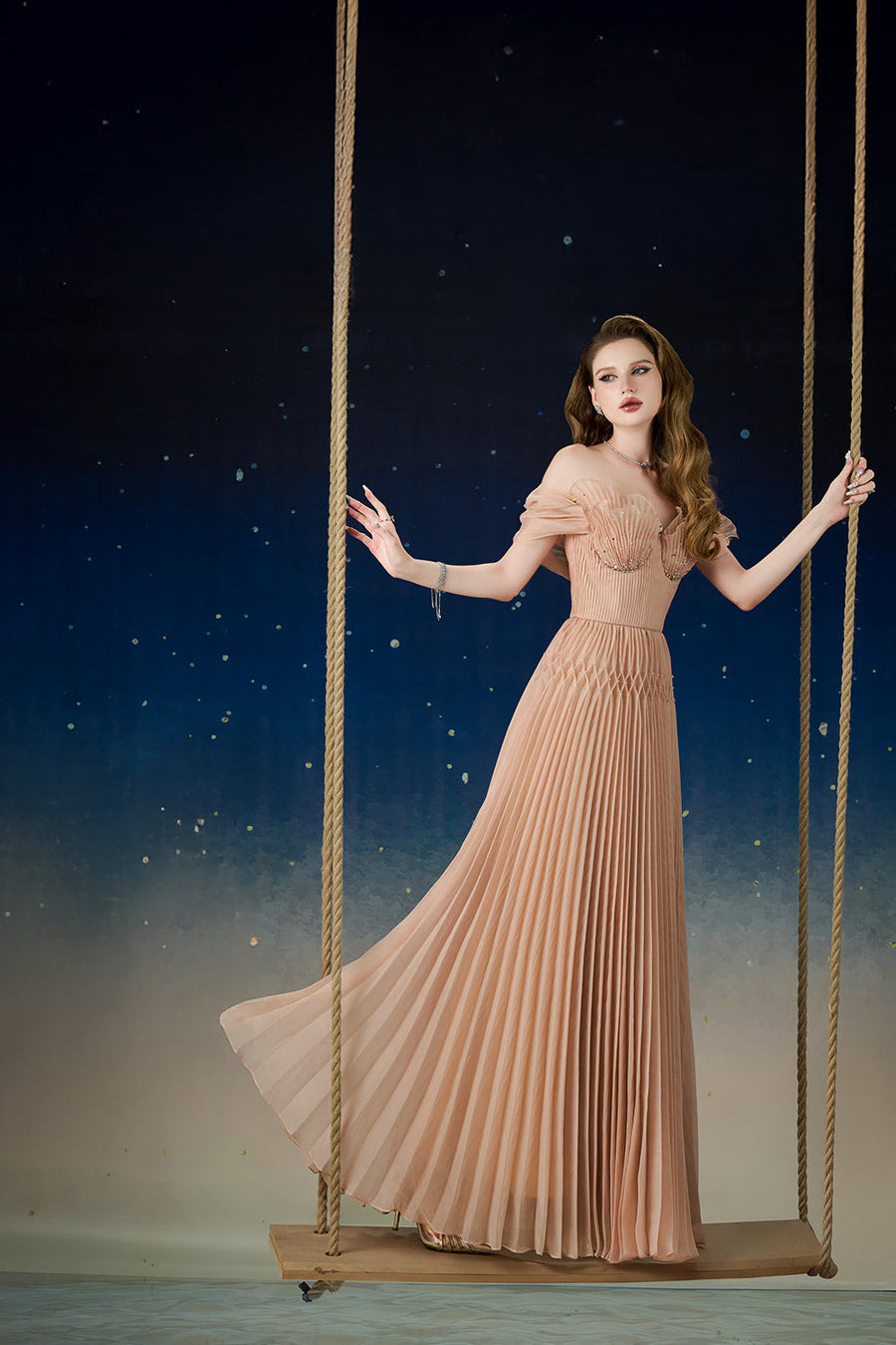 Lustre Fit and Flare Pleated Organza Floor Length Dress Gown Dress Calista de Minh Thanh