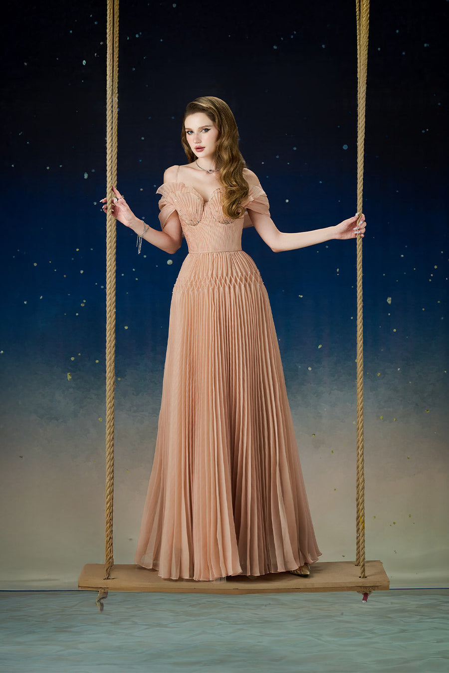 Lustre Fit and Flare Pleated Organza Floor Length Dress Gown Dress Calista de Minh Thanh