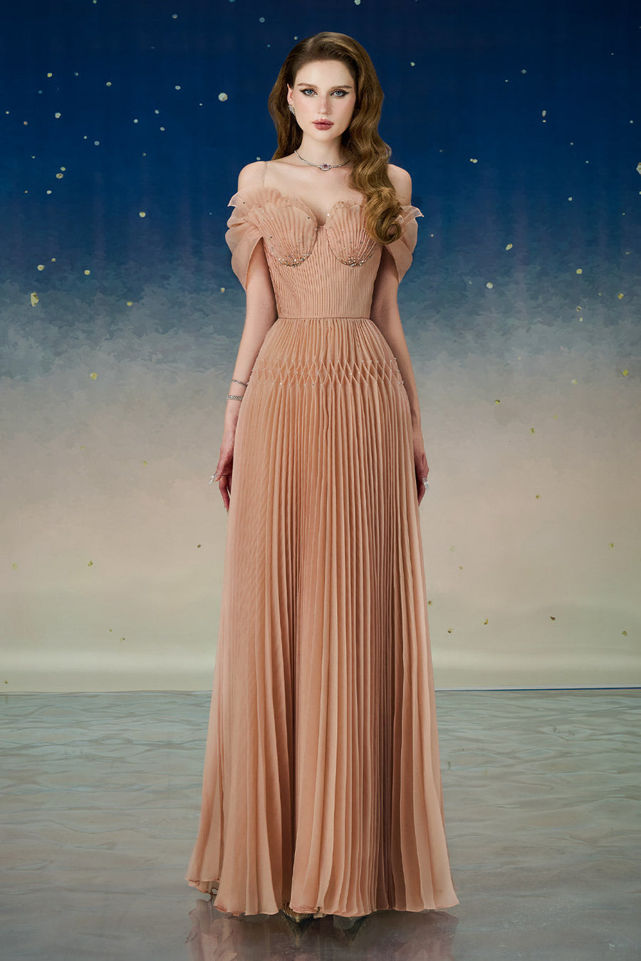 Lustre Fit and Flare Pleated Organza Floor Length Dress Gown Dress Calista de Minh Thanh