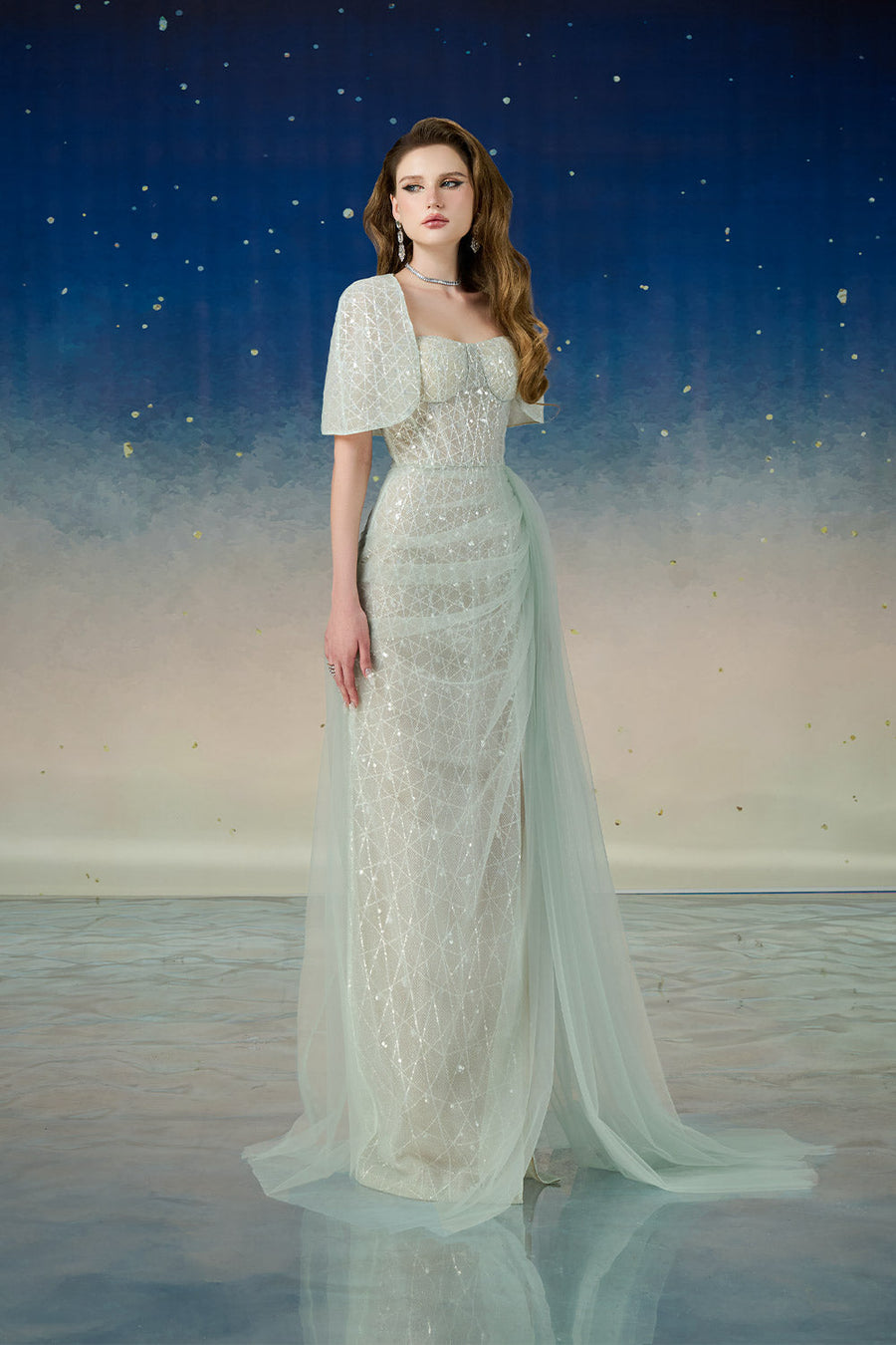 Lyrixa Asymmetric Cape Shoulder Mesh Sequin Floor Length Dress Gown Dress Calista de Minh Thanh