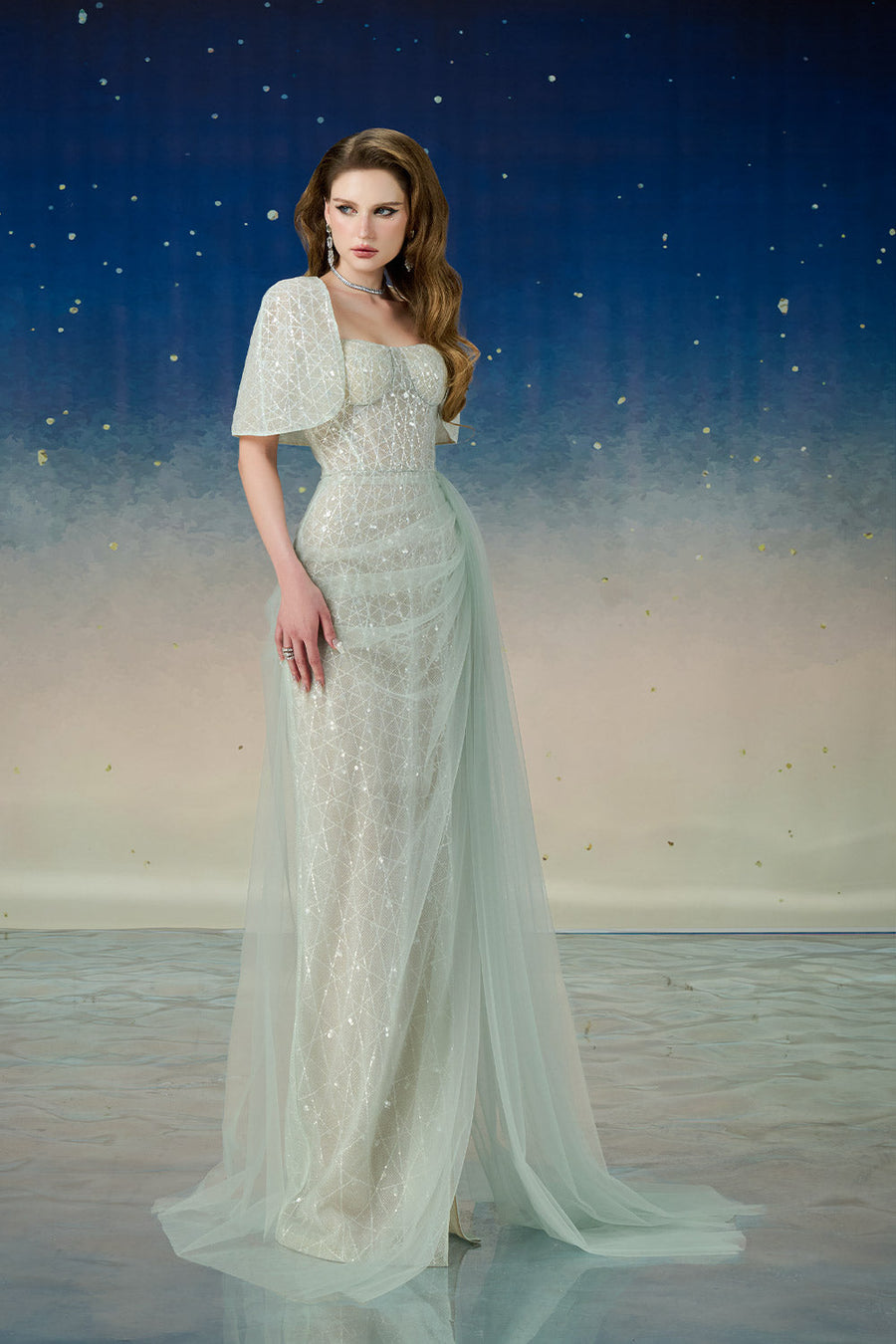 Lyrixa Asymmetric Cape Shoulder Mesh Sequin Floor Length Dress Gown Dress Calista de Minh Thanh