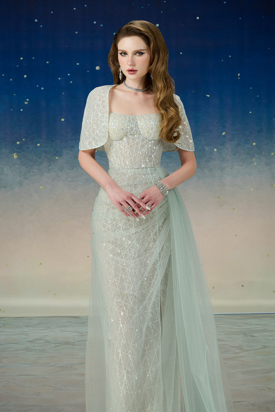 Lyrixa Asymmetric Cape Shoulder Mesh Sequin Floor Length Dress Gown Dress Calista de Minh Thanh