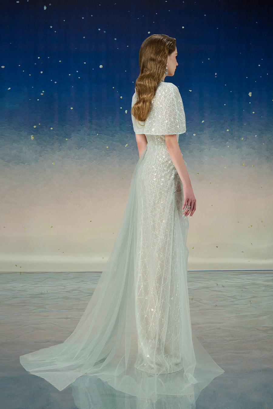 Lyrixa Asymmetric Cape Shoulder Mesh Sequin Floor Length Dress Gown Dress Calista de Minh Thanh