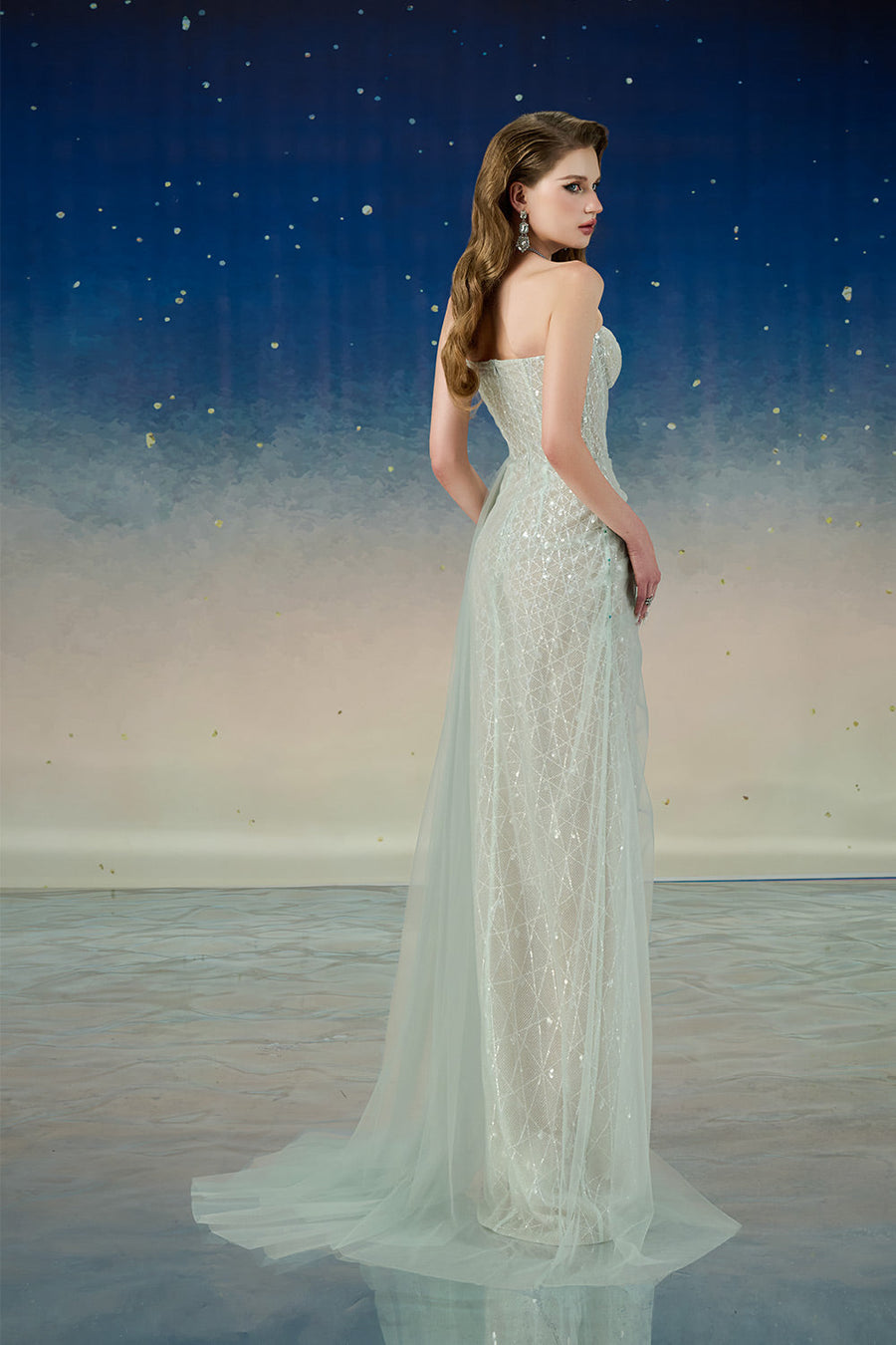 Lyrixa Asymmetric Cape Shoulder Mesh Sequin Floor Length Dress Gown Dress Calista de Minh Thanh