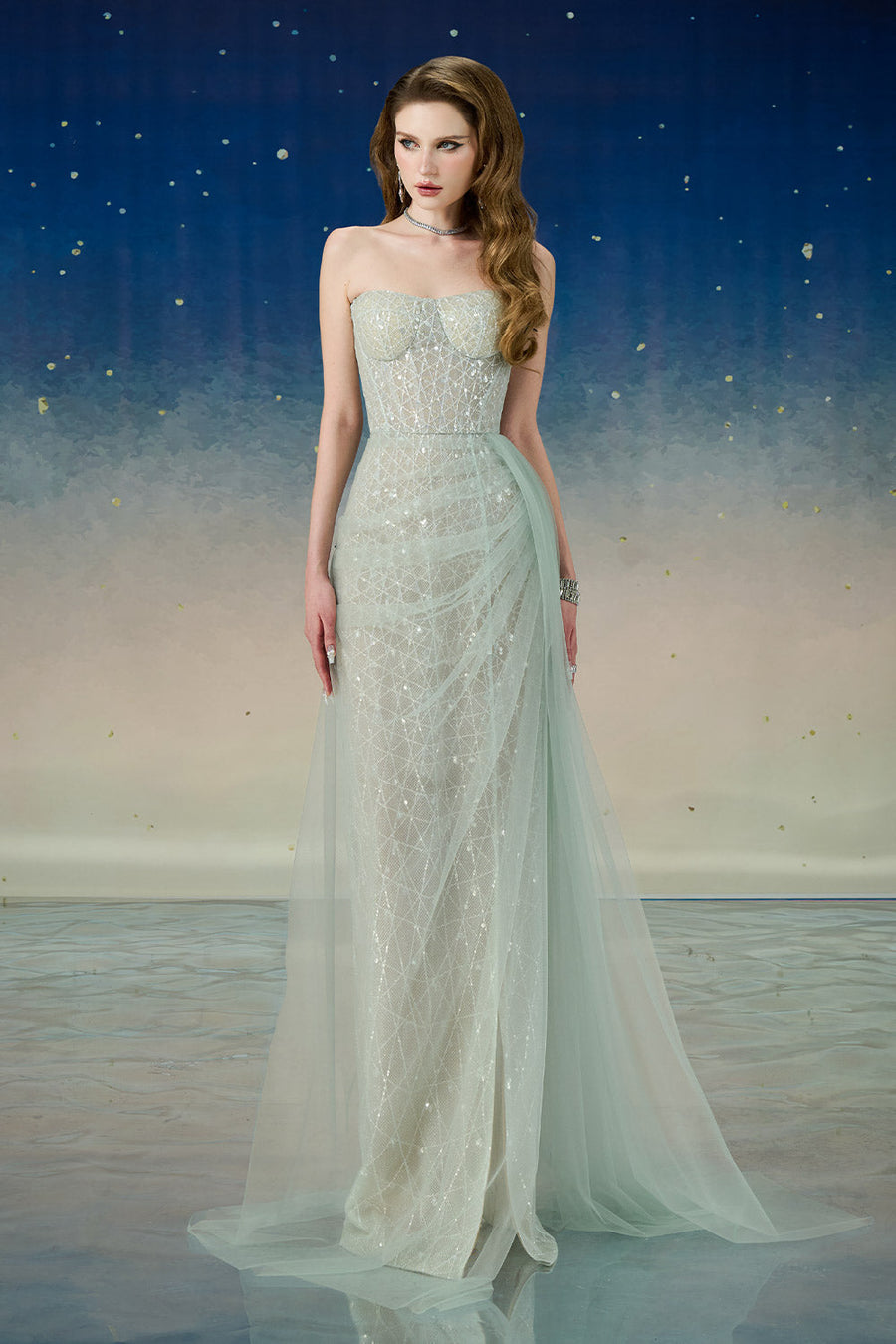 Lyrixa Asymmetric Cape Shoulder Mesh Sequin Floor Length Dress Gown Dress Calista de Minh Thanh