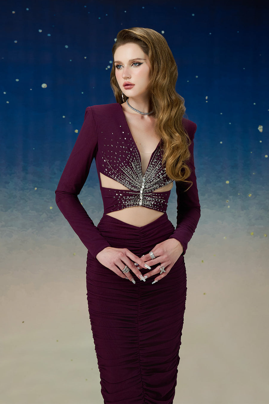Aquila Gathered Cut-Out Mesh Spandex Ankle Length Dress Gown Dress Calista de Minh Thanh