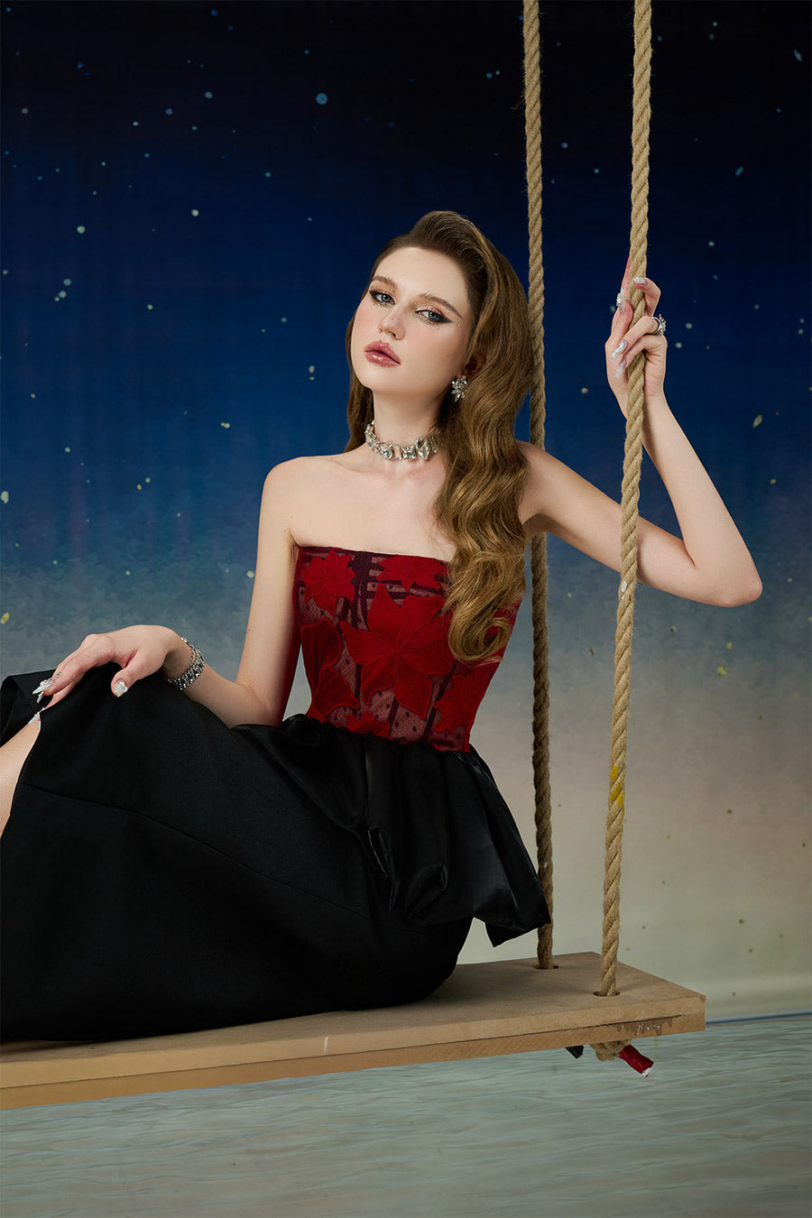 Asteria Peplum Straight Across Neck Mesh Taffeta Midi Dress Midi Dress Calista de Minh Thanh