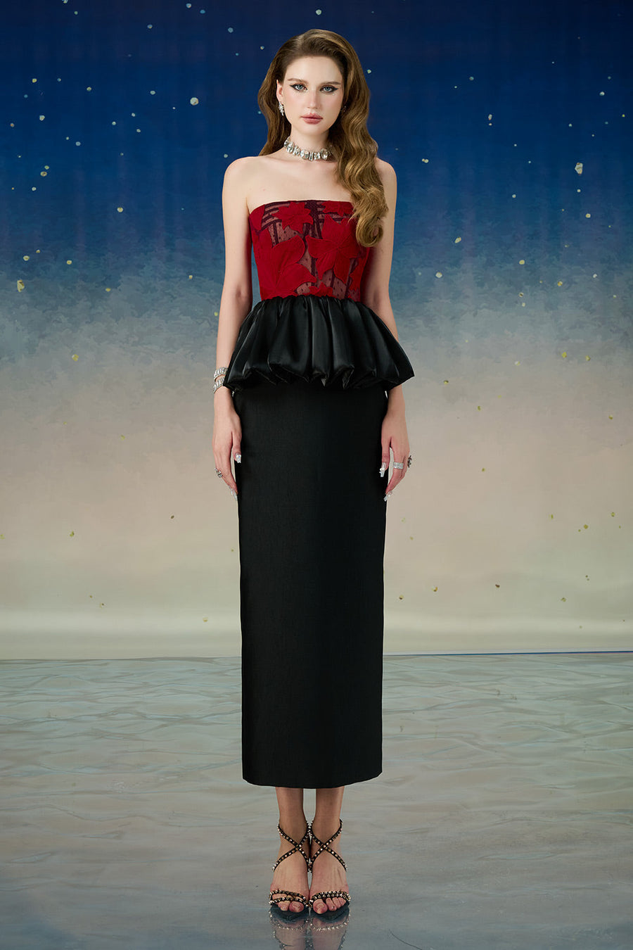 Asteria Peplum Straight Across Neck Mesh Taffeta Midi Dress Midi Dress Calista de Minh Thanh