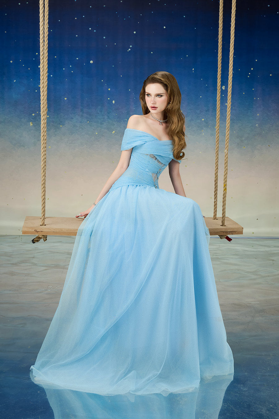 Cometia Fit and Flare Off-Shoulder Mesh Sequin Floor Length Dress Gown Dress Calista de Minh Thanh