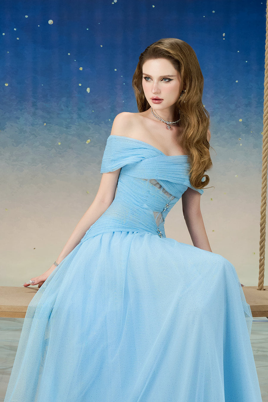 Cometia Fit and Flare Off-Shoulder Mesh Sequin Floor Length Dress Gown Dress Calista de Minh Thanh