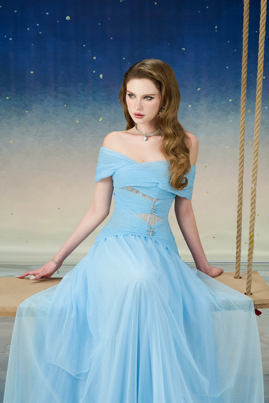 Cometia Fit and Flare Off-Shoulder Mesh Sequin Floor Length Dress Gown Dress Calista de Minh Thanh
