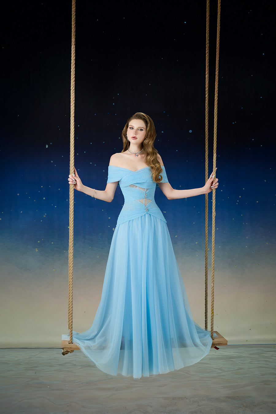 Cometia Fit and Flare Off-Shoulder Mesh Sequin Floor Length Dress Gown Dress Calista de Minh Thanh