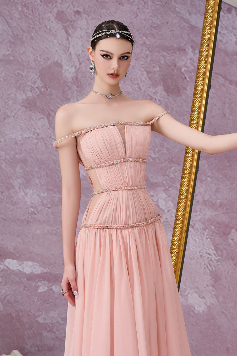 Stellara Fit and Flare Gathered Mesh Silk Maxi Dress Gown Dress Calista de Minh Thanh
