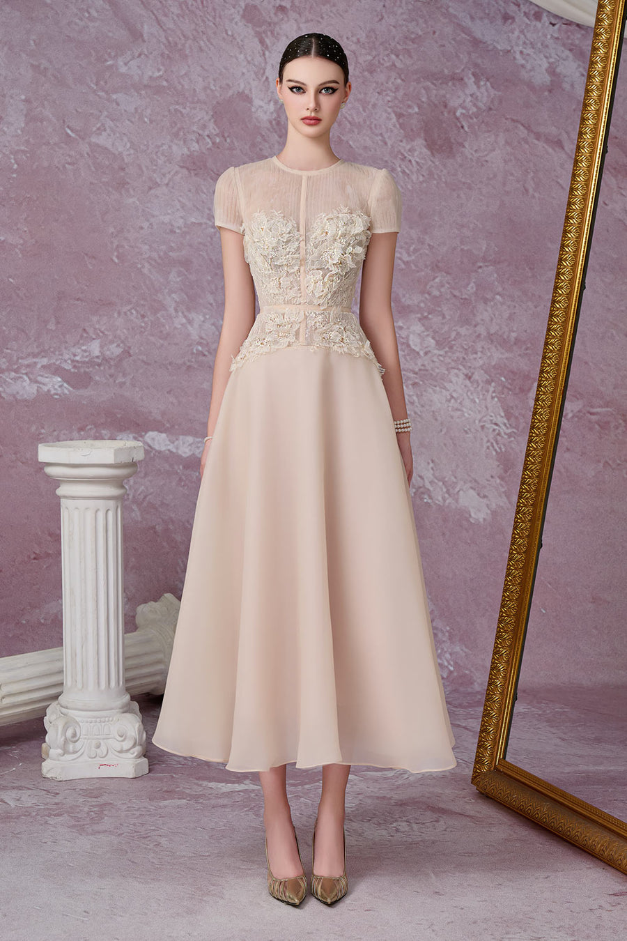 Starry A-line Flower Applique Organza Midi Dress Midi Dress Calista de Minh Thanh