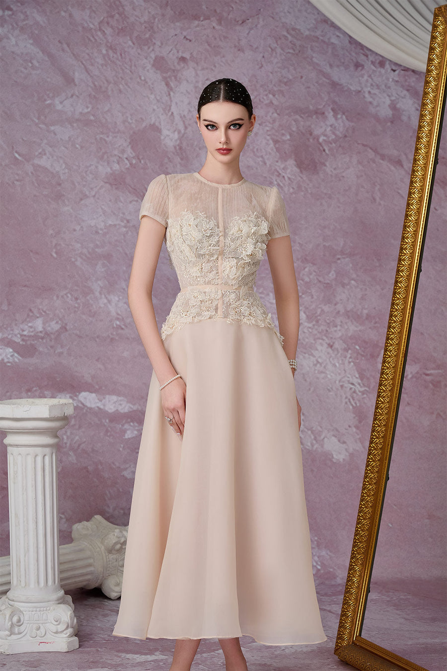 Starry A-line Flower Applique Organza Midi Dress Midi Dress Calista de Minh Thanh