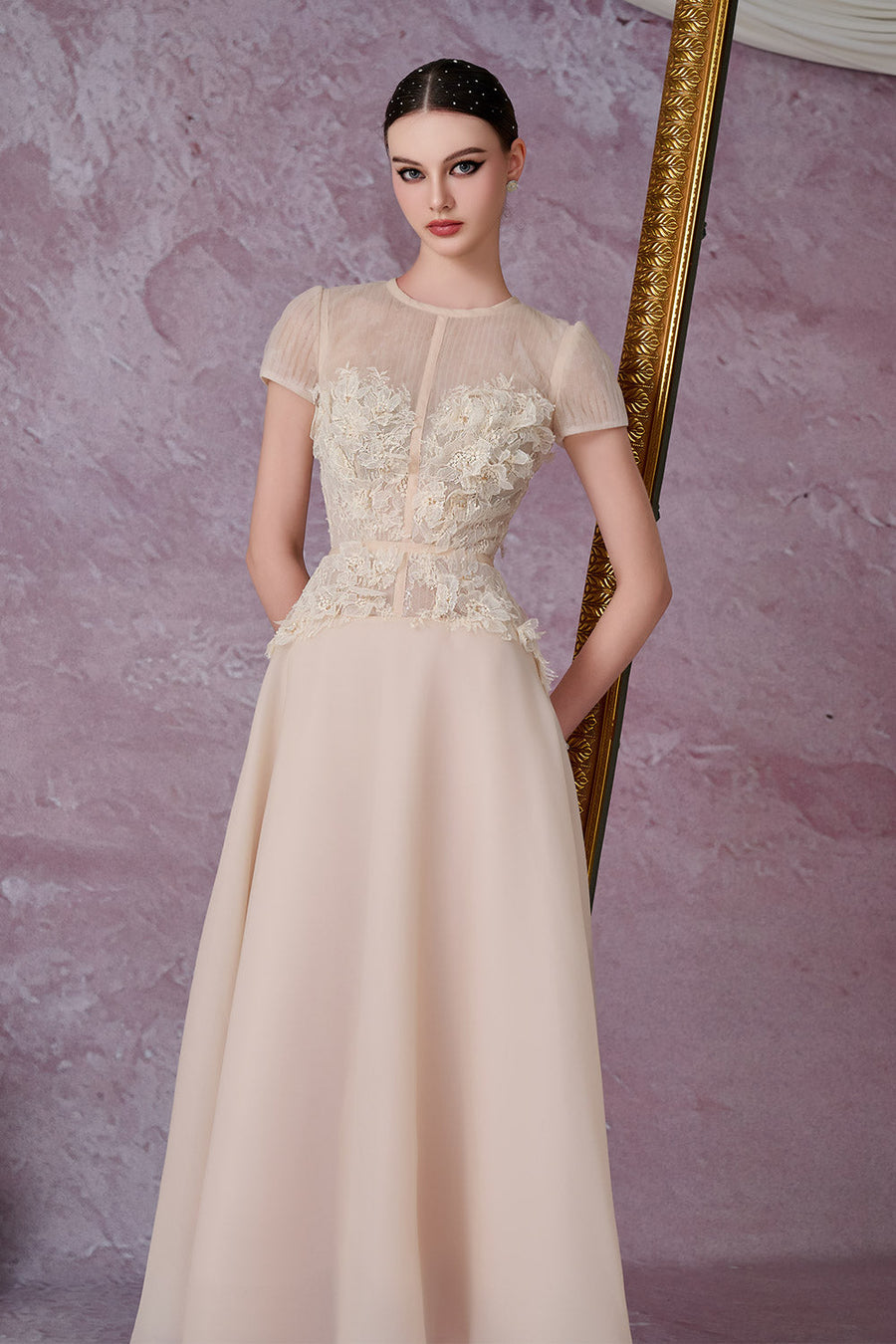 Starry A-line Flower Applique Organza Midi Dress Midi Dress Calista de Minh Thanh
