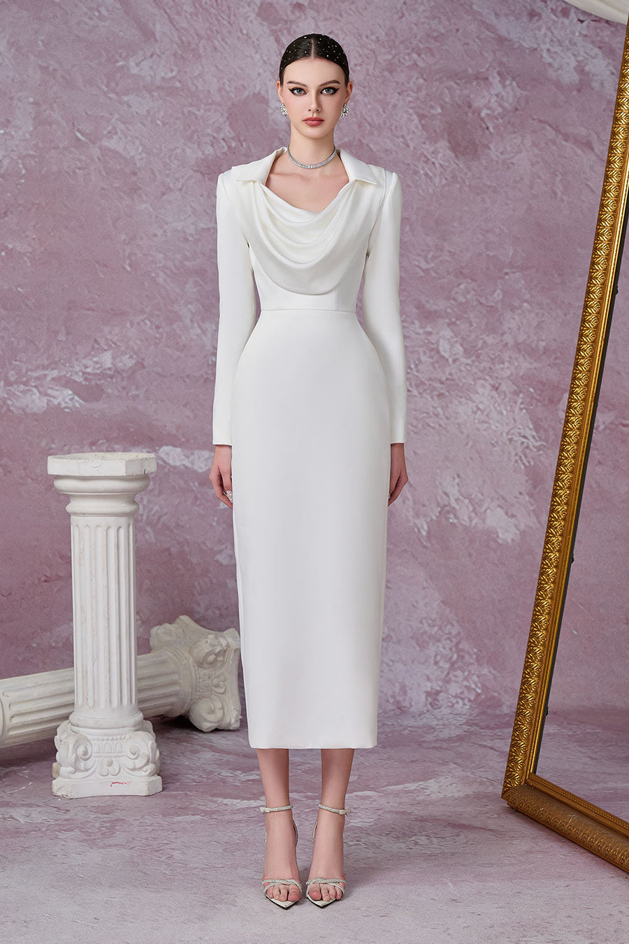 Gleamy Pencil Cowl Neck Silk Satin Calf Length Dress Midi Dress Calista de Minh Thanh