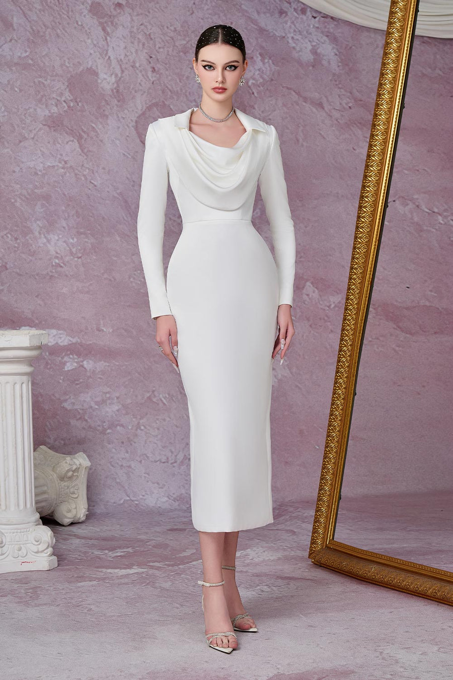 Gleamy Pencil Cowl Neck Silk Satin Calf Length Dress Midi Dress Calista de Minh Thanh