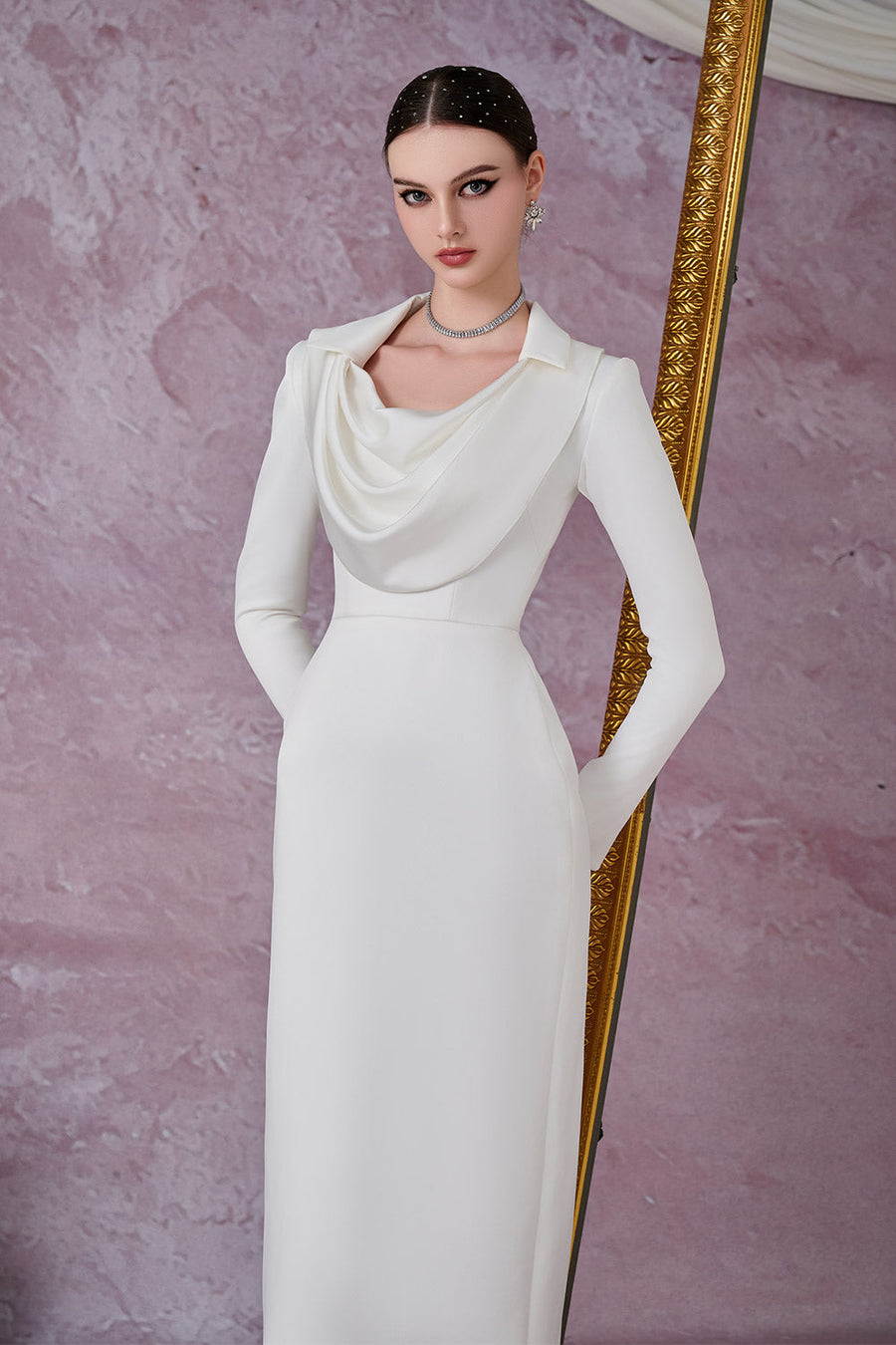 Gleamy Pencil Cowl Neck Silk Satin Calf Length Dress Midi Dress Calista de Minh Thanh