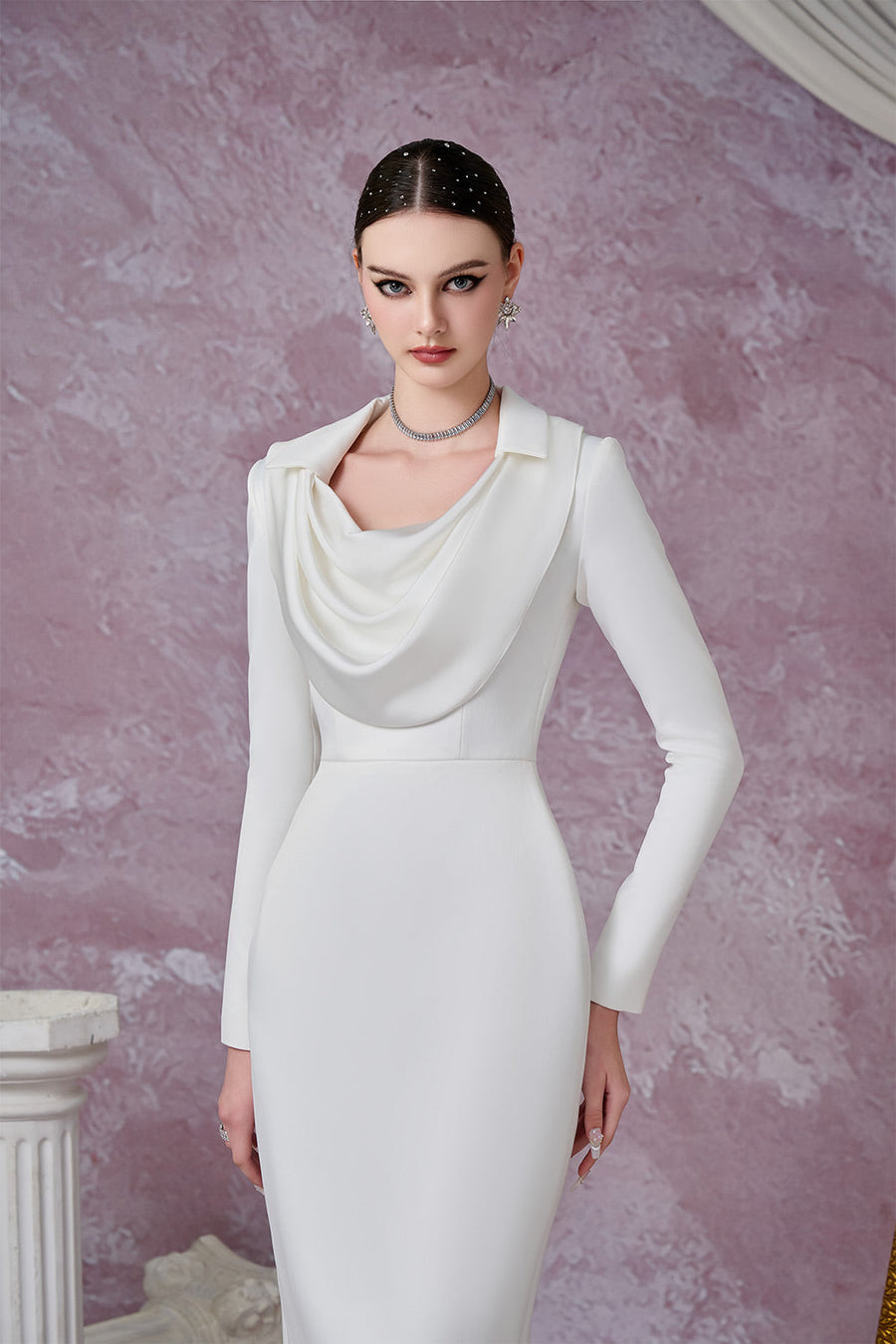 Gleamy Pencil Cowl Neck Silk Satin Calf Length Dress Midi Dress Calista de Minh Thanh
