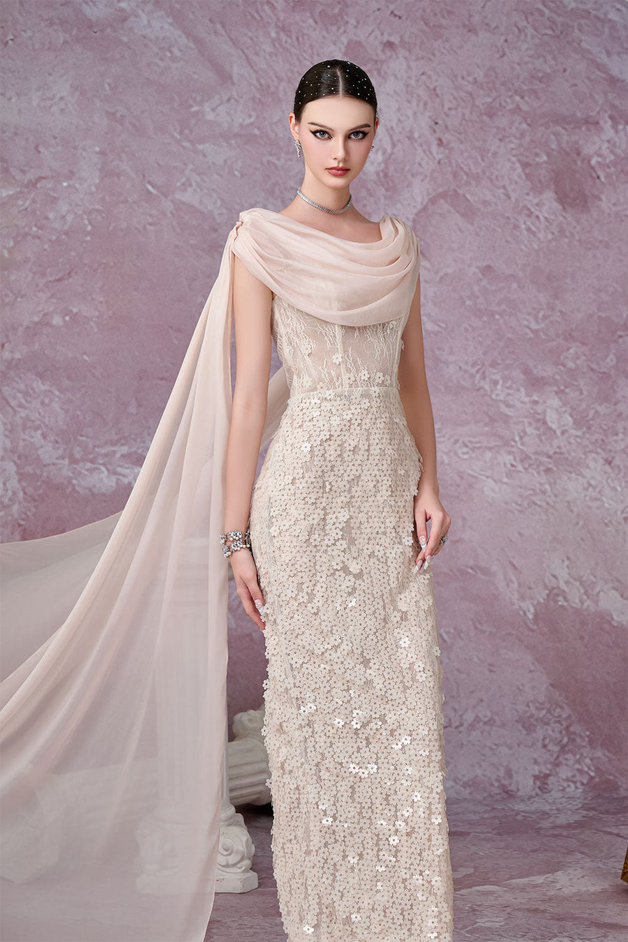 Solviva Sheath Cowl Neck Mesh Lace Ankle Length Dress Gown Dress Calista de Minh Thanh