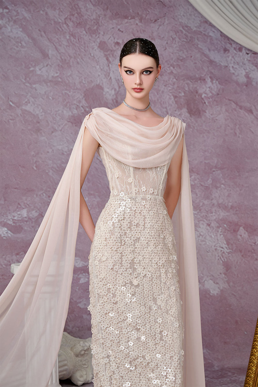 Solviva Sheath Cowl Neck Mesh Lace Ankle Length Dress Gown Dress Calista de Minh Thanh