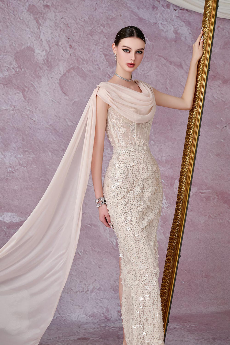 Solviva Sheath Cowl Neck Mesh Lace Ankle Length Dress Gown Dress Calista de Minh Thanh