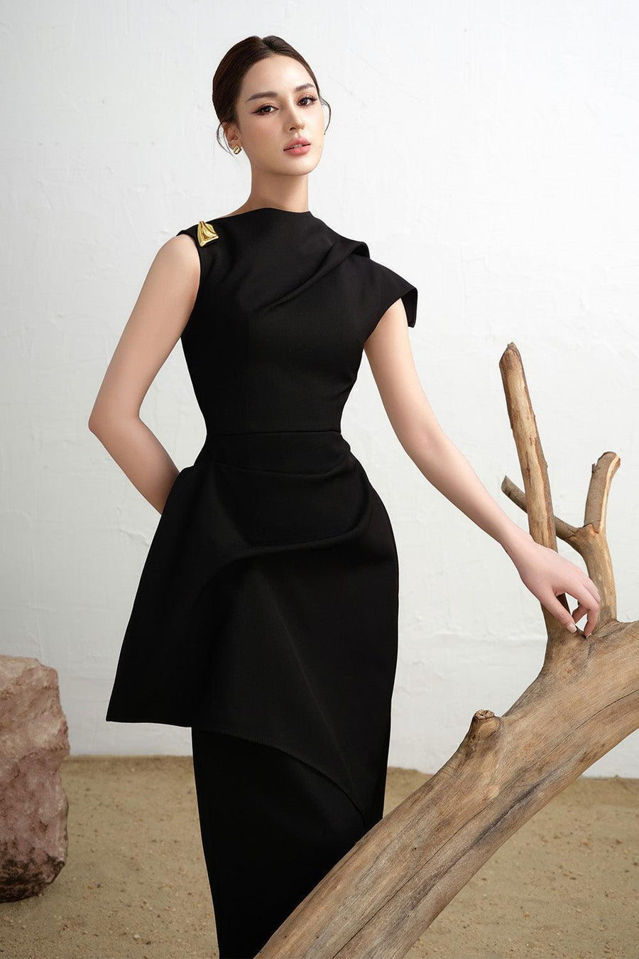 Calla Asymmetric Front Slit Twill Midi Dress 2