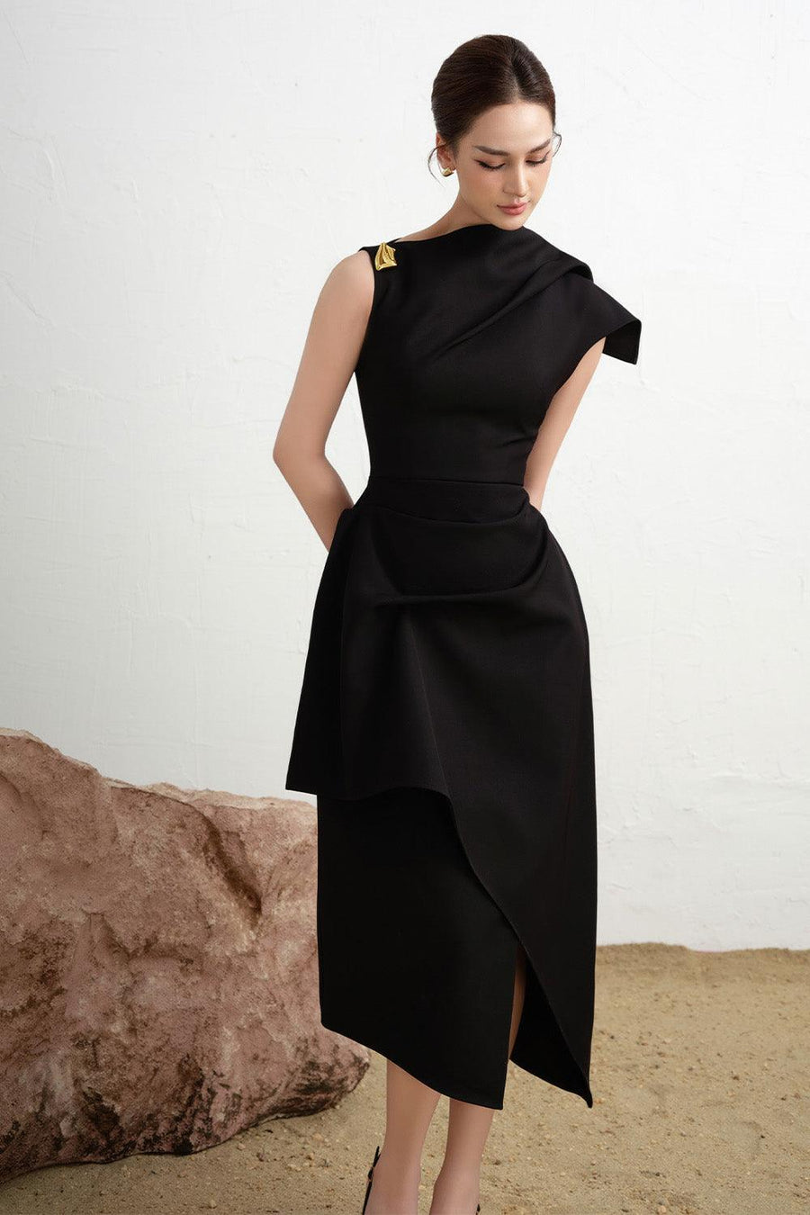 Calla Asymmetric Front Slit Twill Midi Dress 3
