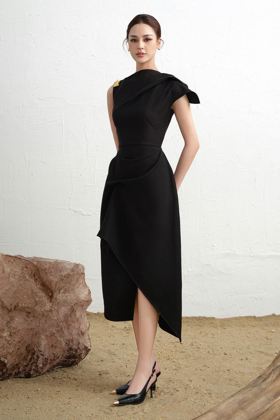 Calla Asymmetric Front Slit Twill Midi Dress 4