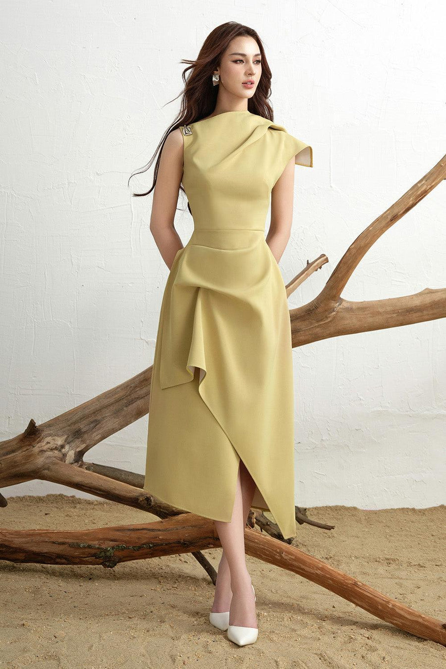 Calla Asymmetric Front Slit Twill Midi Dress 5