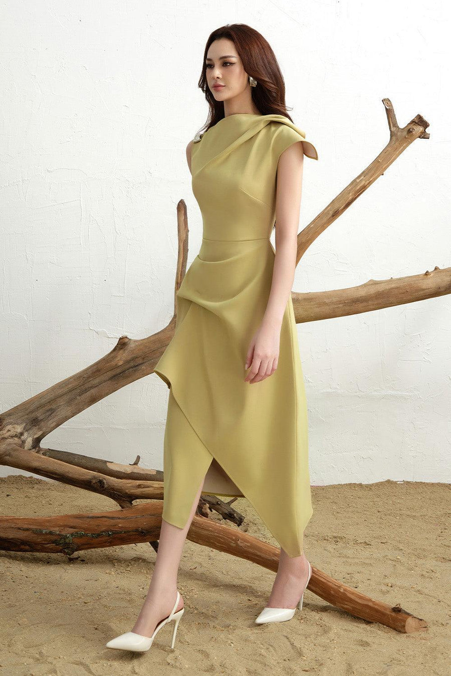Calla Asymmetric Front Slit Twill Midi Dress 8