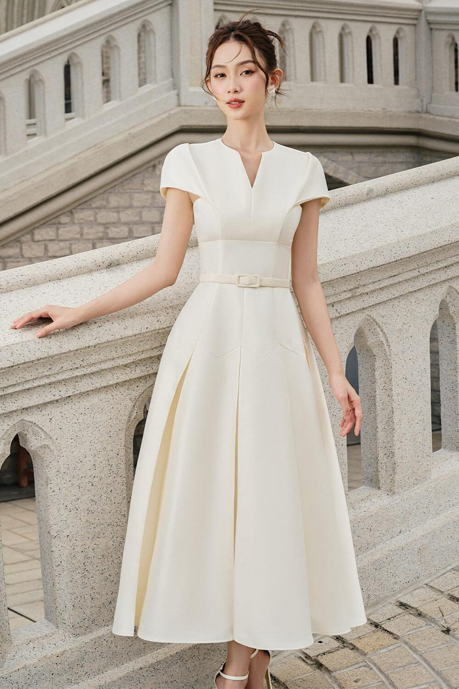 Calla Drop Waist Box Pleated Rayon Midi Dress Midi Dress Larmes